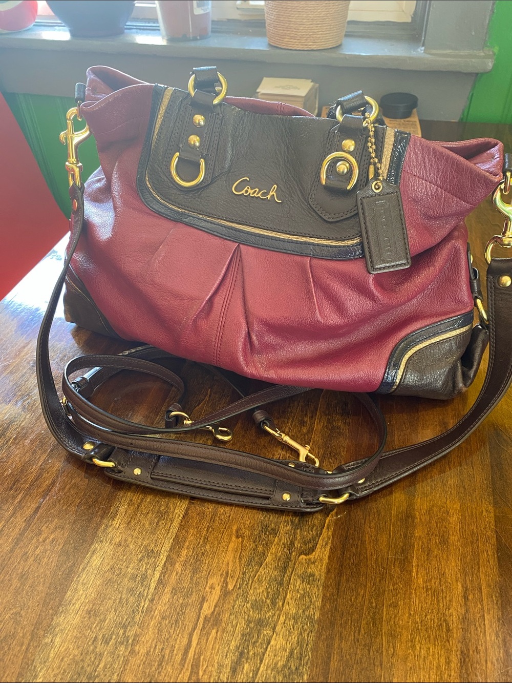 Coach Ashley Carryall Burgundy and Dark Brown Leather Shoulder Bag